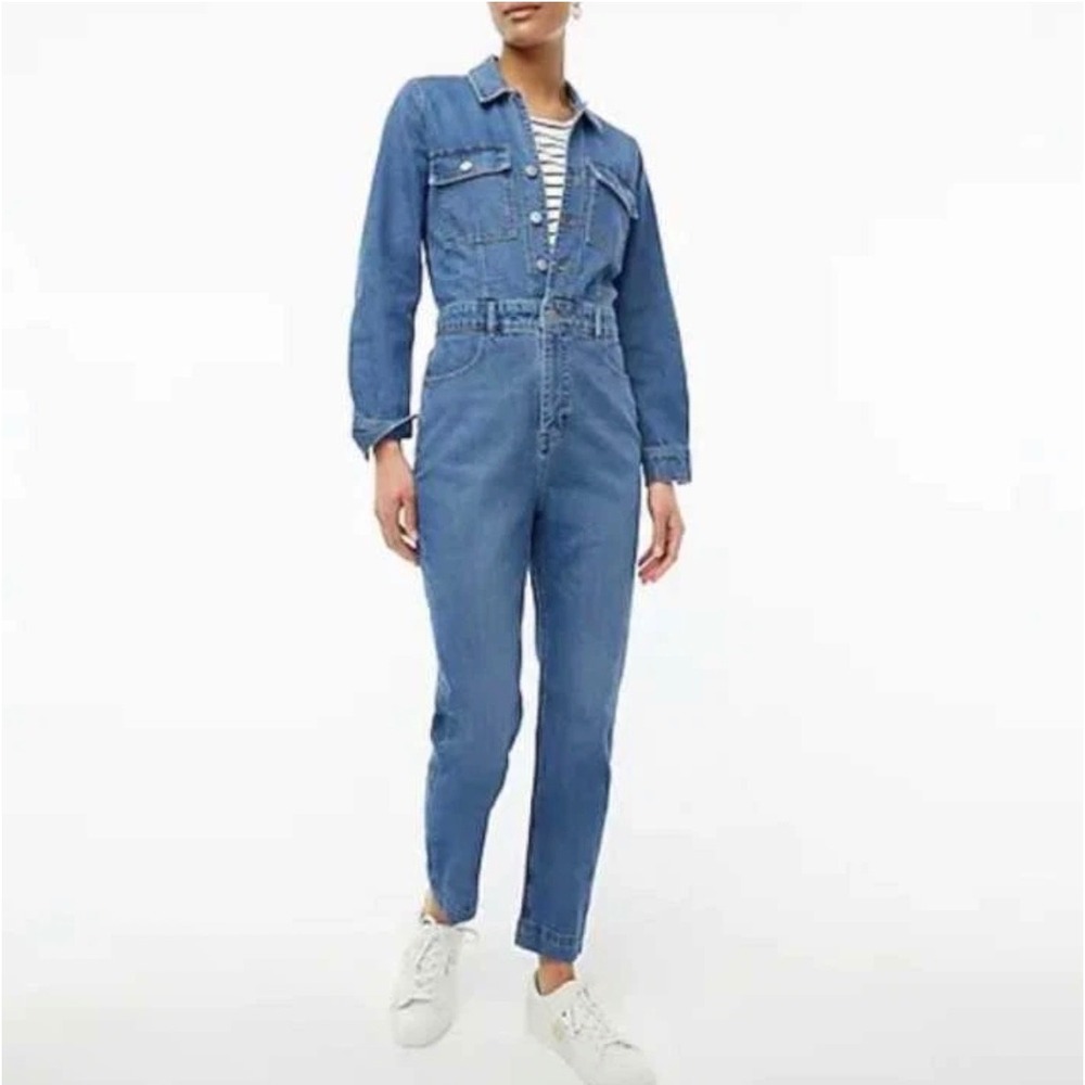 J.Crew Re-Imagined Denim Jumpsuit Medium Wash Long Sleeve Utility Size 10